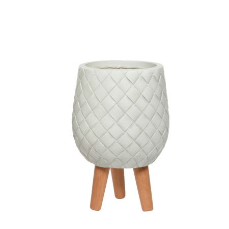 Decorative Fiberclay planter with leather design and wooden legs White 22x33cm