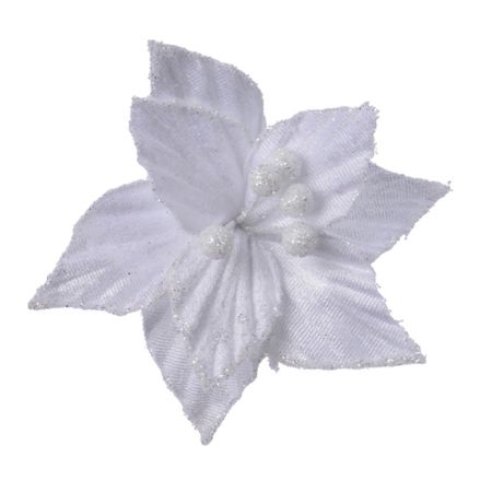 Χριστουγεννιάτικο βελούδινο Αλεξανδρινό λουλούδι με κλιπ Λευκό 12cm