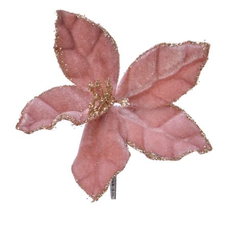 Χριστουγεννιάτικο βελούδινο Αλεξανδρινό λουλούδι με κλιπ Ροζ 11cm 
