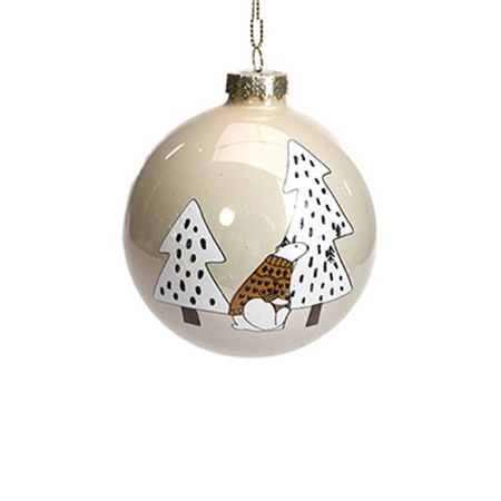 Χριστουγεννιάτικη γυάλινη μπάλα με Αρκούδα Κρεμ - Καφέ 8cm