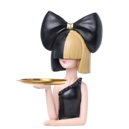 Διακοσμητικό - φιγούρα κορίτσι με φιόγκο και δίσκο Μαύρο-Χρυσό 35cm