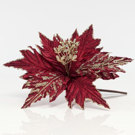Χριστουγεννιάτικο Αλεξανδρινό λουλούδι βελούδινο με glitter Μπορντό-Χρυσό 28x25cm