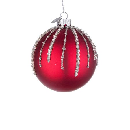 Χριστουγεννιάτικη μπάλα γυάλινη με χάντρες και glitter - Κόκκινη ματ 8cm