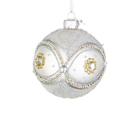 Χριστουγεννιάτικη μπάλα γυάλινη με μάτι από Ασημί χάντρες και glitter - Λευκή ματ 8cm