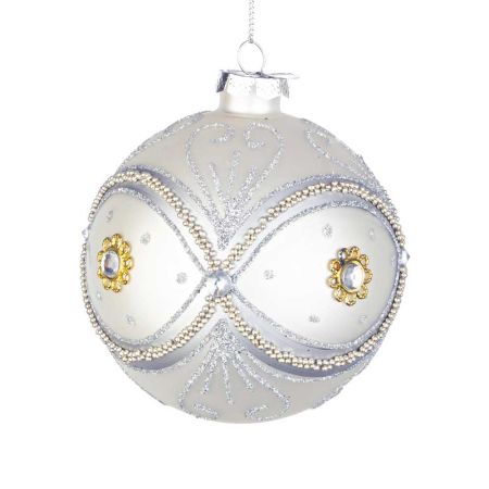 Χριστουγεννιάτικη μπάλα γυάλινη με μάτι από Ασημί χάντρες και glitter - Λευκή ματ 10cm