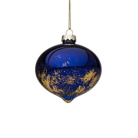 Χριστουγεννιάτικη μπάλα - δάκρυ γυάλινη με Χρυσές πινελιές - Μπλε γυαλιστερή 7,8x8cm