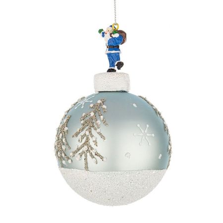 Χριστουγεννιάτικη μπάλα γυάλινη με Άγιο Βασίλη και glitter Γαλάζια 8cm