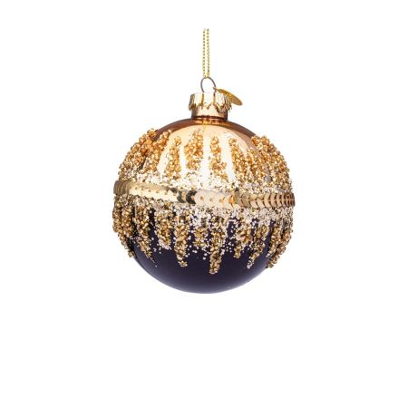 Χριστουγεννιάτικη μπάλα γυάλινη με χαντράκια και πούλιες Χρυσή-Μαύρη 8cm