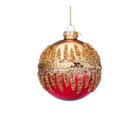 Χριστουγεννιάτικη μπάλα γυάλινη με χαντράκια και πούλιες Χρυσή-Κόκκινο 8cm