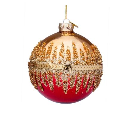 Χριστουγεννιάτικη μπάλα γυάλινη με χαντράκια και πούλιες Χρυσή-Κόκκινη 10cm
