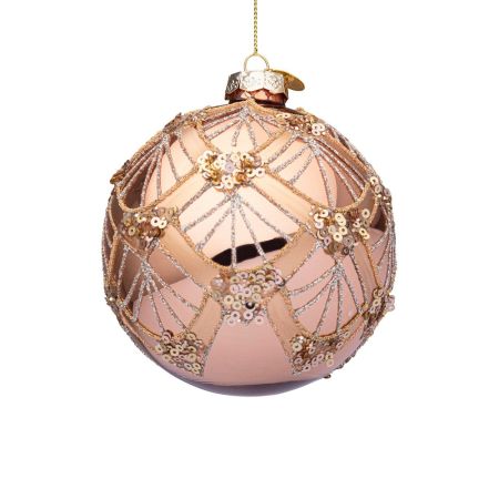 Χριστουγεννιάτικη μπάλα γυάλινη με πούλιες και glitter Ροζ-Χρυσό 10cm