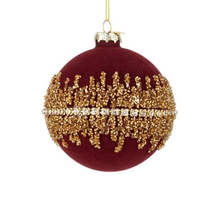 Χριστουγεννιάτικη μπάλα γυάλινη με βελούδο και χαντράκια Κόκκινο -Χρυσό 10cm