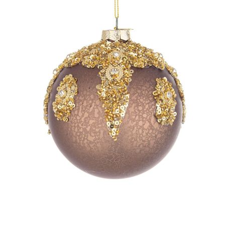 Χριστουγεννιάτικη μπάλα γυάλινη κρακελέ με πούλιες Καφέ-Χρυσό 10cm