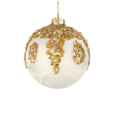 Χριστουγεννιάτικη μπάλα γυάλινη με πούλιες Λευκή-Χρυσή 10cm