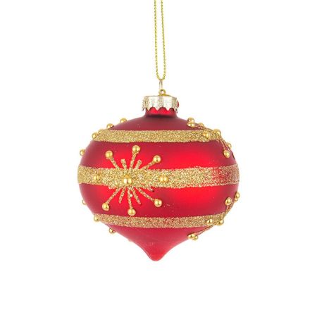 Χριστουγεννιάτικη μπάλα-δάκρυ γυάλινη με νιφάδες και glitter Κόκκινη-Χρυσή  8x8cm