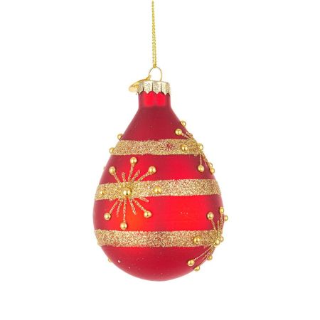 Χριστουγεννιάτικη μπάλα-δάκρυ γυάλινη με νιφάδες και glitter Κόκκινη-Χρυσή  7x10,5cm