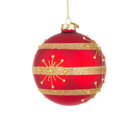 Χριστουγεννιάτικη μπάλα γυάλινη με νιφάδες και glitter Κόκκινη-Χρυσή 10cm