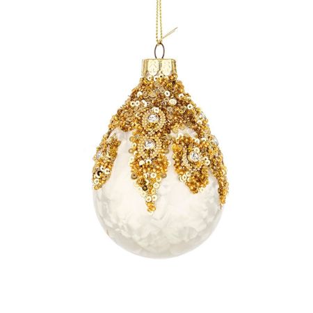Χριστουγεννιάτικη μπάλα-δάκρυ γυάλινη με πούλιες Λευκή-Χρυσή 7x10cm