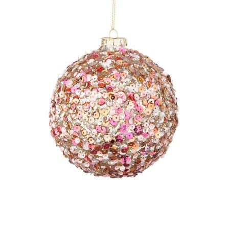 Χριστουγεννιάτικη μπάλα γυάλινη με πούλιες και glitter Ροζ-Χρυσό 10cm