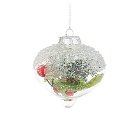 Χριστουγεννιάτικη μπάλα-δάκρυ γυάλινη παγωμένη με γκι και κουκουνάρι Διάφανη 8x9cm
