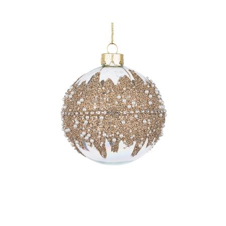 Χριστουγεννιάτικη μπάλα γυάλινη με χάντρες-πέρλες και Σαμπανί glitter Διάφανη 8cm