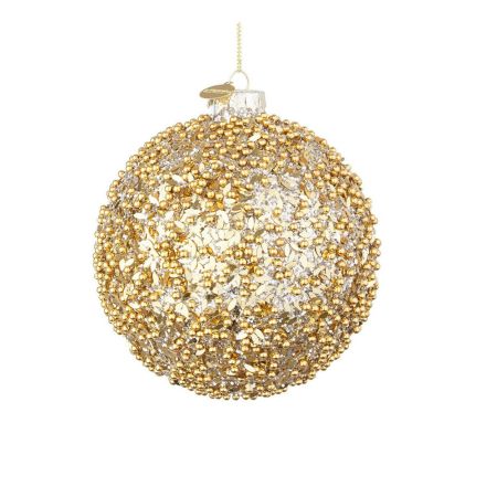 Χριστουγεννιάτικη μπάλα γυάλινη με φυλλαράκια και χάντρες Χρυσή 10cm