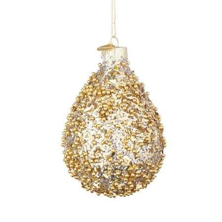 Χριστουγεννιάτικη μπάλα-δάκρυ γυάλινη με φυλλαράκια και χάντρες Χρυσή 7x10,5cm