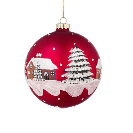 Χριστουγεννιάτικη γυάλινη μπάλα δέντρου με χιονισμένο χωριό Κόκκινη ματ 10cm
