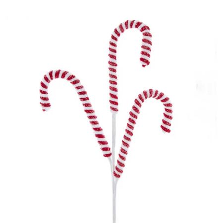 Διακοσμητικό κλαδί με 3 ζαχαρωτά μπαστουνάκια Κόκκινο-Λευκό 66cm