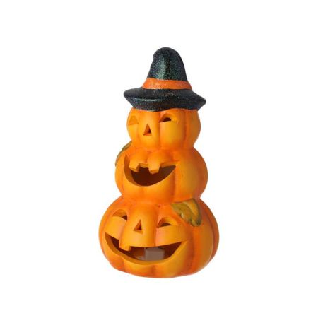 Διακοσμητική κολοκύθα κεραμική τριπλή με καπέλο και Led Halloween Πορτοκαλί 10x18x10cm