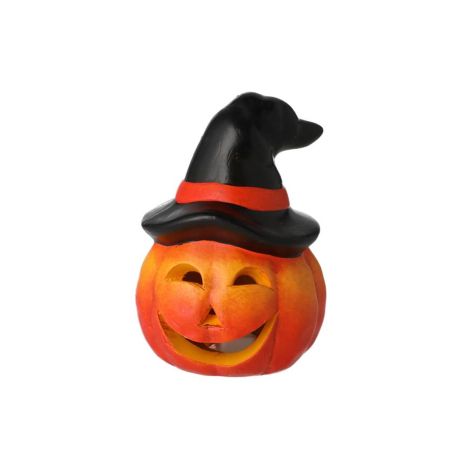 Διακοσμητική Κολοκύθα κεραμική με καπέλο και Led Halloween Πορτοκαλί 8,8x8,8x12,2cm
