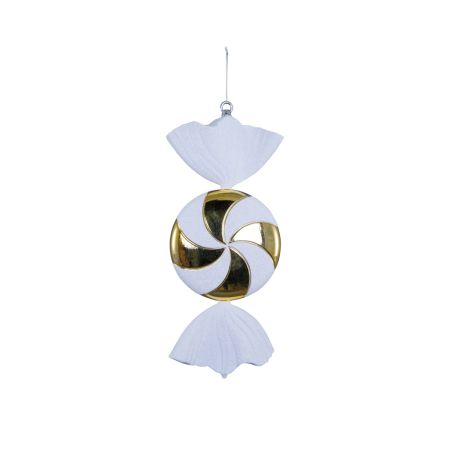 XL Χριστουγεννιάτικη φλατ καραμέλα κρεμαστή με glitter Χρυσό-Λευκό 47cm