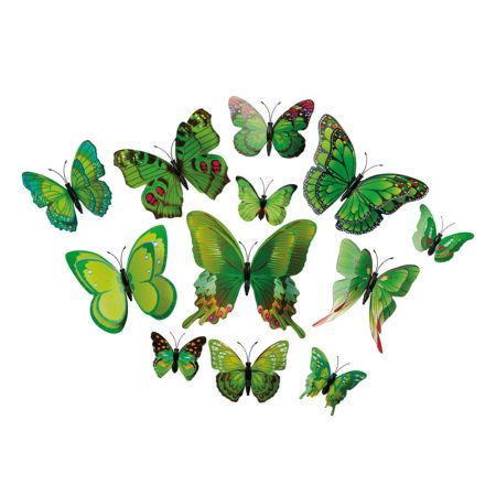 Σετ 12τμχ Διακοσμητικές 3D πεταλούδες με μαγνήτη Πράσινες 6-12cm