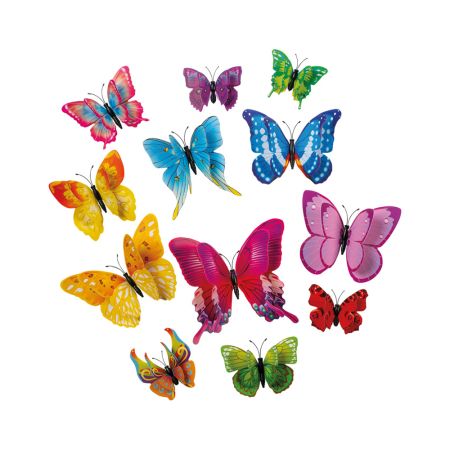Σετ 12τμχ Διακοσμητικές 3D πεταλούδες με μαγνήτη Πολύχρωμες 6-12cm