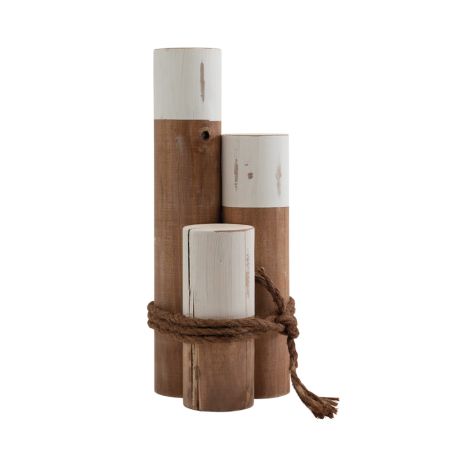 Σετ 3τμχ Διακοσμητικοί ξύλινοι πυλώνες λιμανιού δεμένοι με σχοινί Λευκό - Καφέ 8x20/30/40cm
