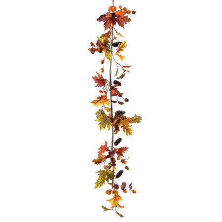 Διακοσμητική φθινοπωρινή γιρλάντα με βελανίδια και κουκουνάρια Πορτοκαλί-Πράσινο-Κόκκινο 150cm