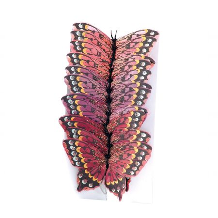 Σετ 12τμχ Διακοσμητικές πεταλούδες με φυσικά φτερά με κλιπ Ροζ 12x7cm