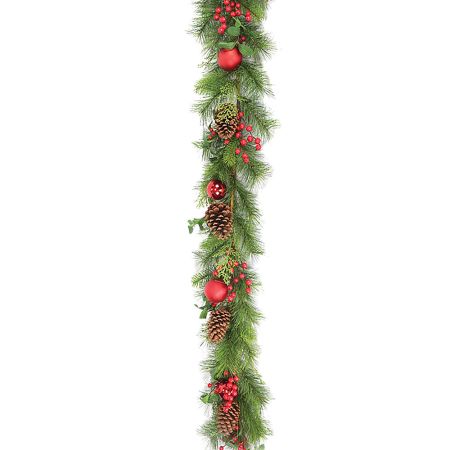 Χριστουγεννιάτικη γιρλάντα στολισμένη με μπάλες, berries και κουκουνάρια Πράσινο 150cm