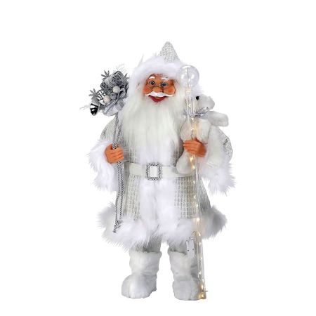 Κλασική φιγούρα - Άγιος Βασίλης με φωτιζόμενο μπαστούνι μπαταρίας Άσπρο 60cm