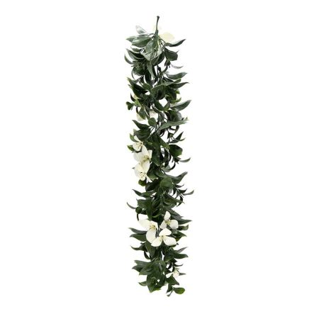 Διακοσμητικό τεχνητό κρεμαστό κλαδί με φύλλα και άνθη Πράσινο-Λευκό 65cm