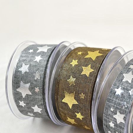 Χριστουγεννιάτικη κορδέλα με σχέδιο Αστέρια σε Χρυσοτυπία 1.3cm / 2.3cm / 3.5cmx18m