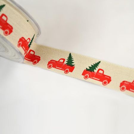 Χριστουγεννιάτικη κορδέλα βαμβακερή με φορτηγάκια Κόκκινο-Εκρού 2,3cm x 9m