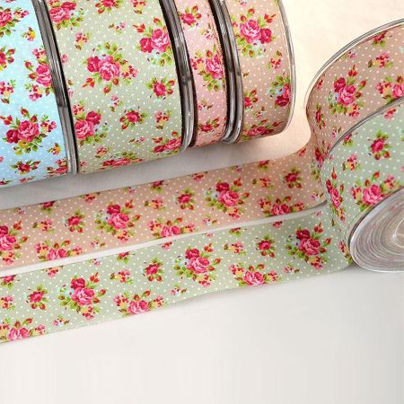 Ribbon with polka dots and flowers design 1,3cm / 2,3cm / 3,5cm / 5,2cm x 25m