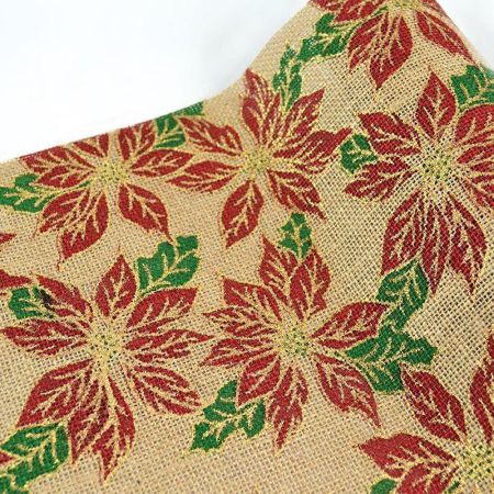 Christmas Burlap fabric with Poinsettia flowers design 30cm / 60cmx5m