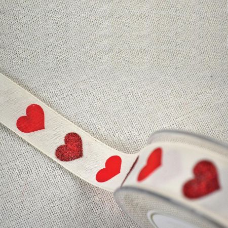Διακοσμητική κορδέλα με σχέδιο Καρδιές Εκρού-Κόκκινο 2,3cmx9m